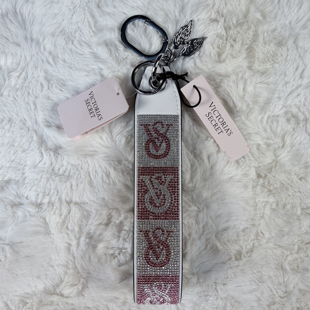 Victoria's Secret Wristlet Keychain Strap Charm Glitter White Monogram Logo NWT